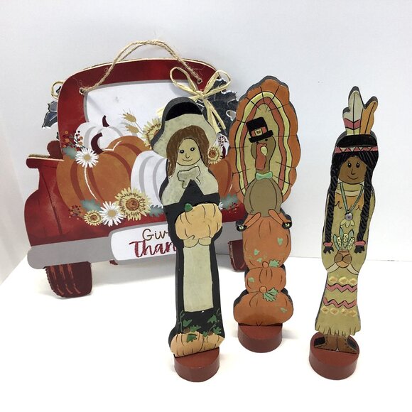 Vintage Lot Of 4 Slender Pilgrims & Native American Thanksgiving Fall Figurines - Picture 7 of 8